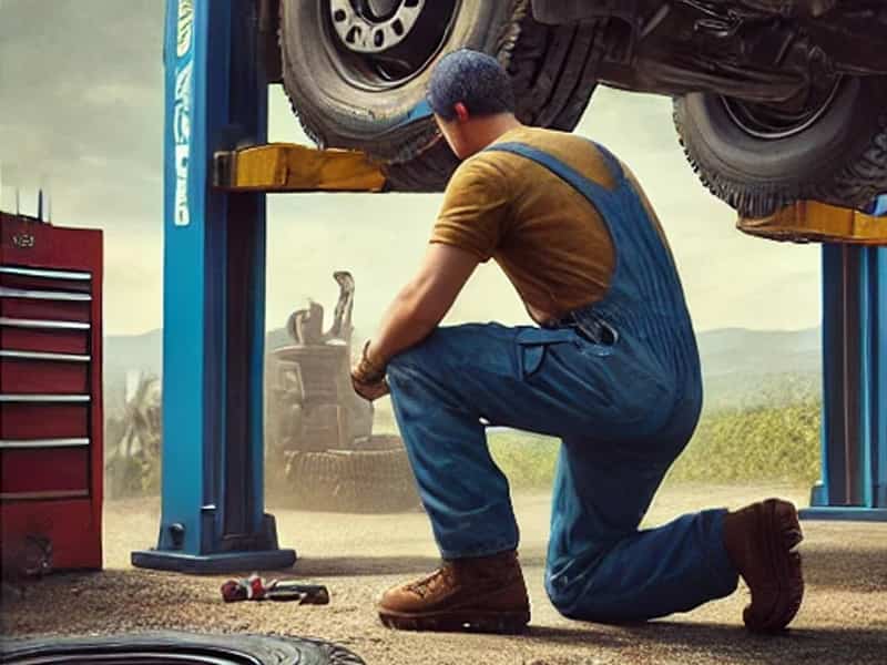 Mecanico prepara gato para cambiar rueda de camion